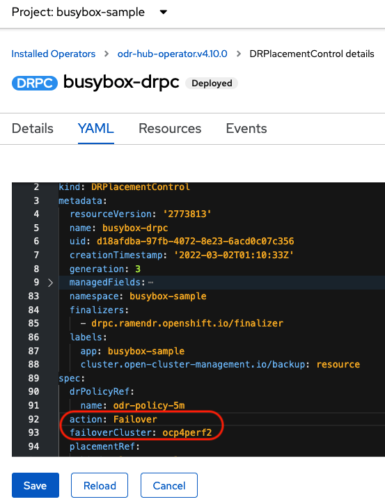 Image show where to add the action Failover in the YAML view