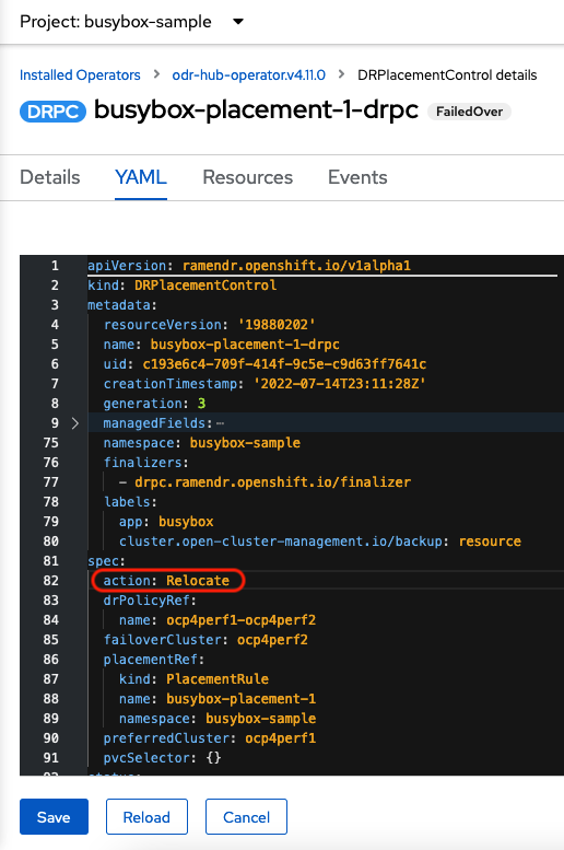 Image show where to modify the action in the YAML view