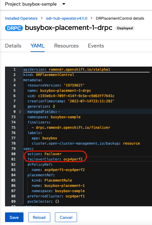 Image show where to add the action Failover in the YAML view