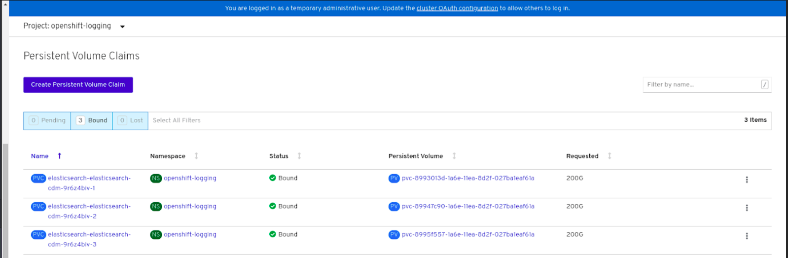 Screenshot of Persistent Volume Claims with a bound state attached to elasticsearch pods