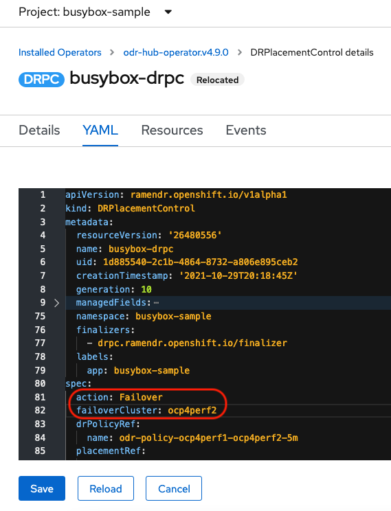 Image show where to add the action Failover in the YAML view