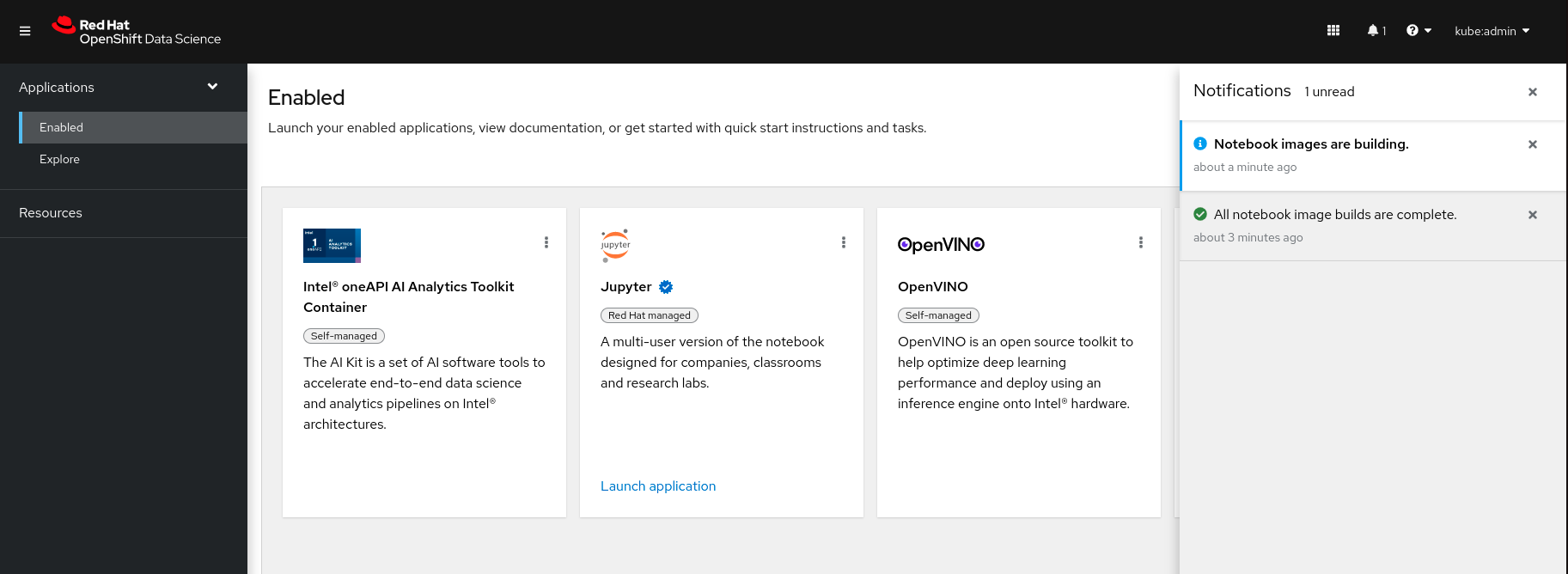 The OpenShift Data Science interface with the Notifications drawer visible