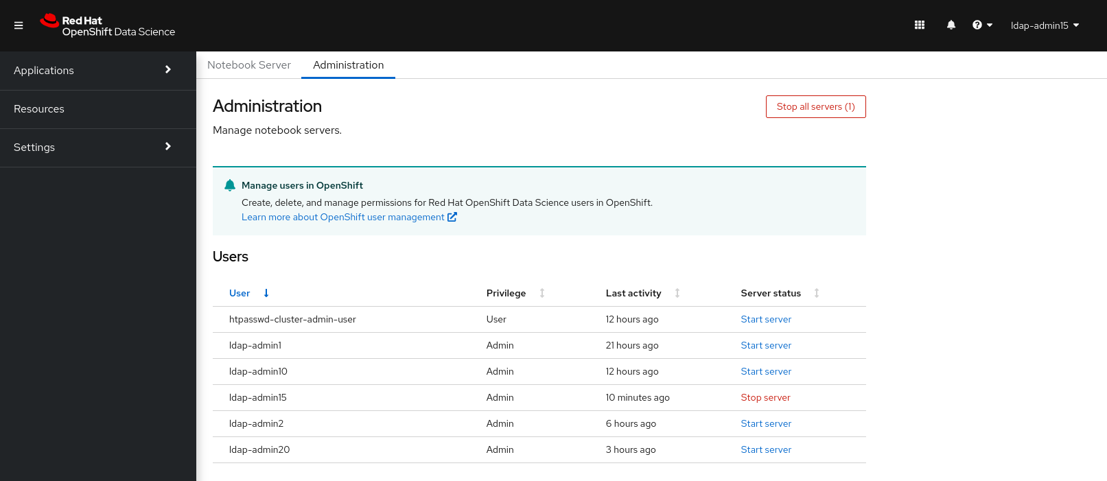 The Jupyter administration interface showing an administrator and example user.