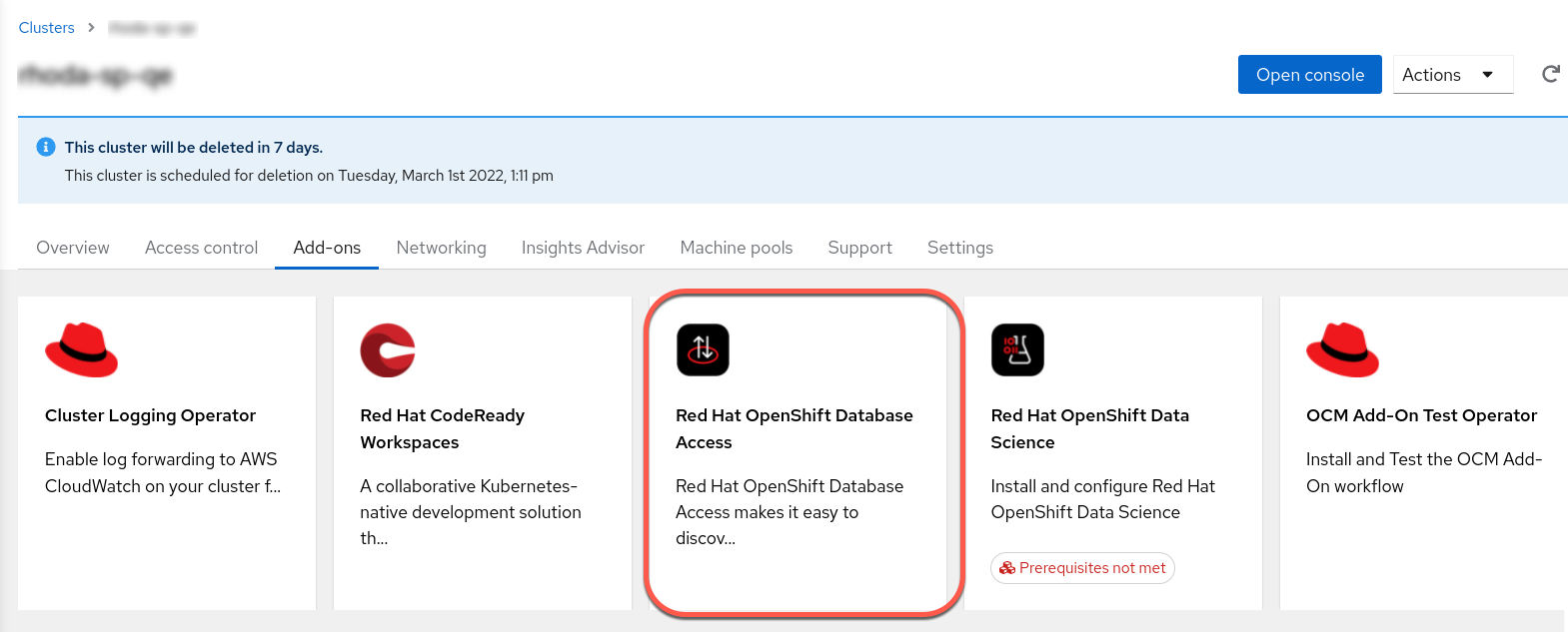 Selecting the Red Hat OpenShift Database Access tile