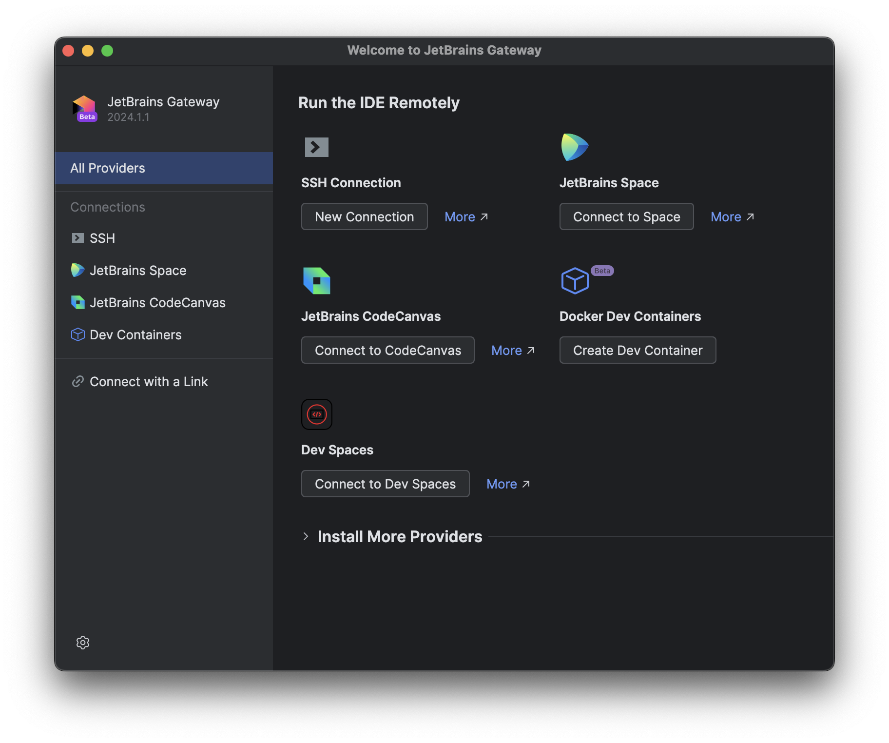 JetBrains Gateway のメインウィンドウ