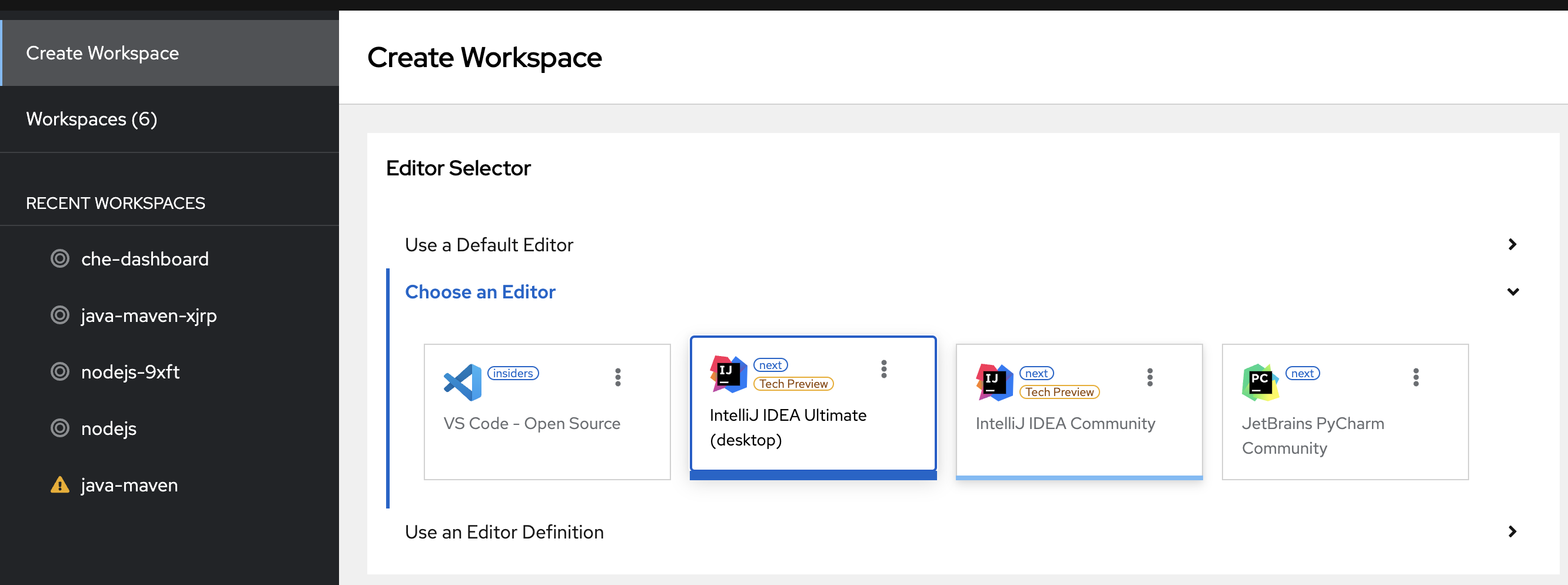 대시보드의 IntelliJ IDEA Cryostat