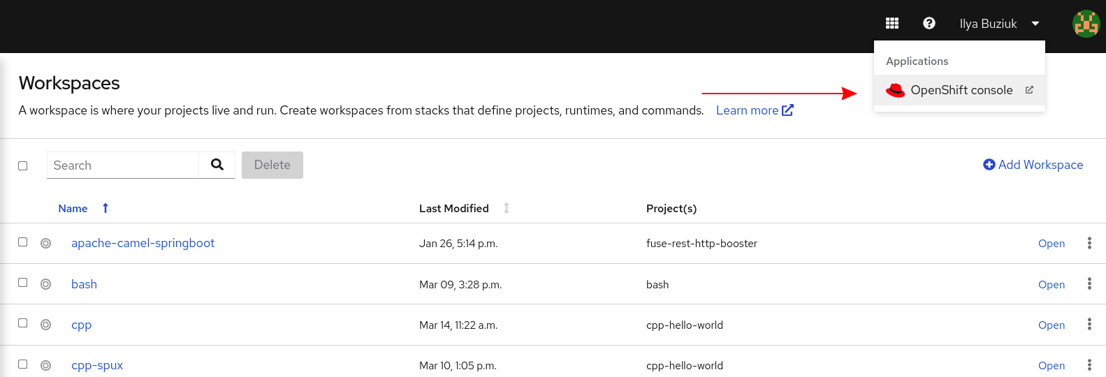 OpenShift web console in the drop-down menu