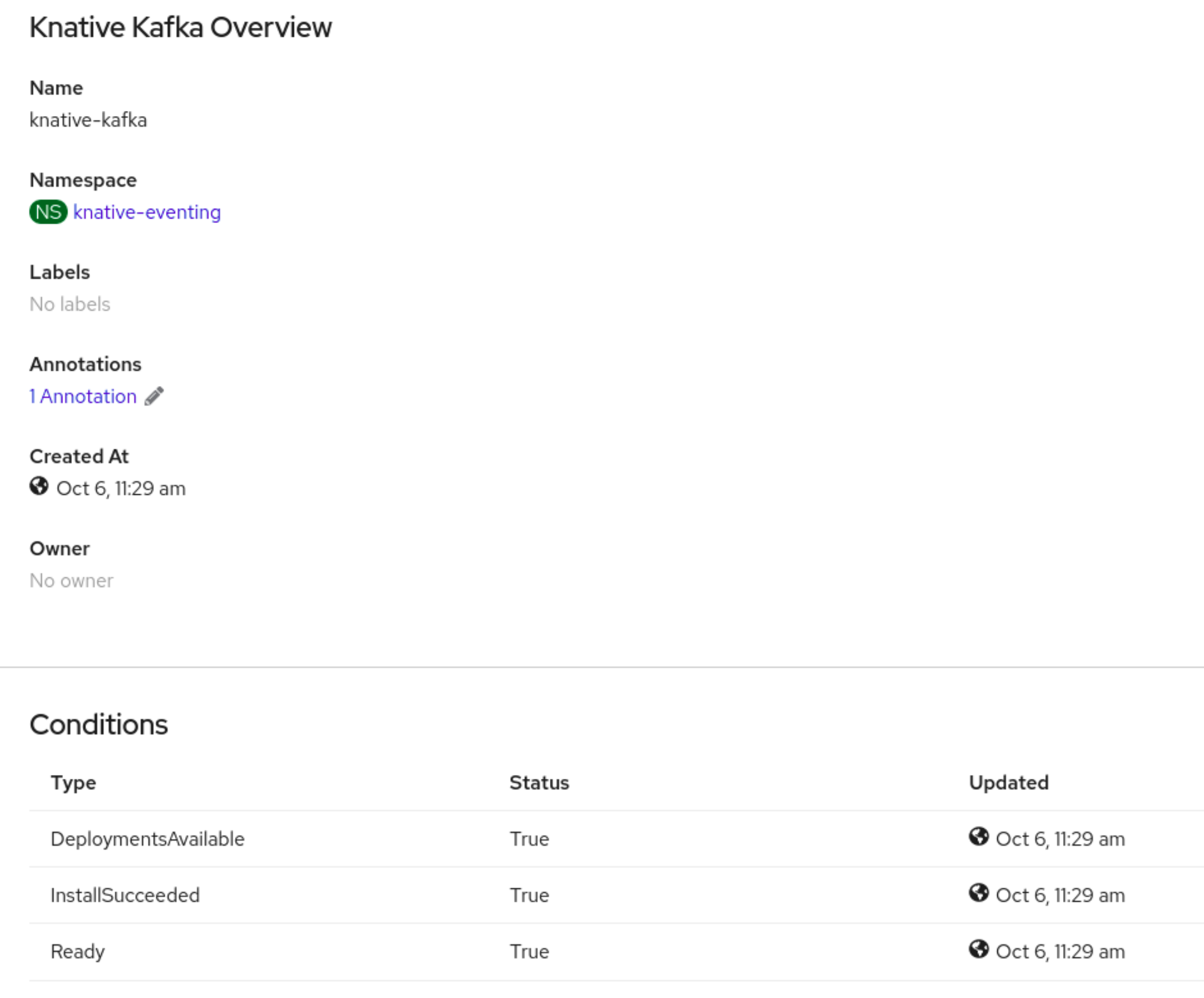 状態を表示する Kafka Knative Overview ページ