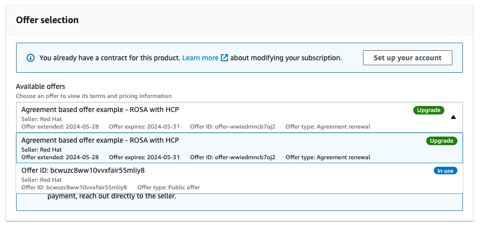 rosa private offer selection dropdown