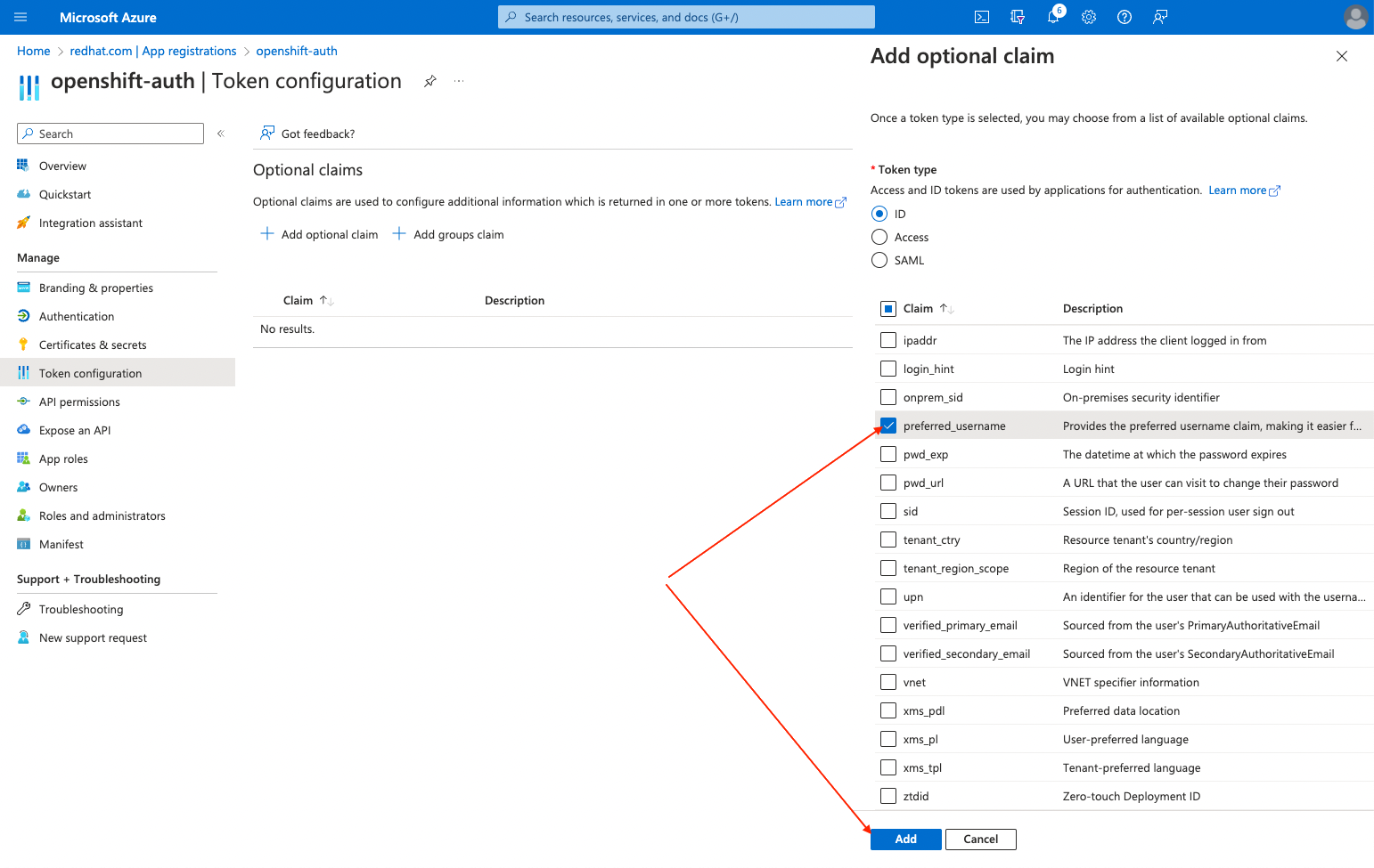Azure Portal - Add Optional Claims - preferred_username