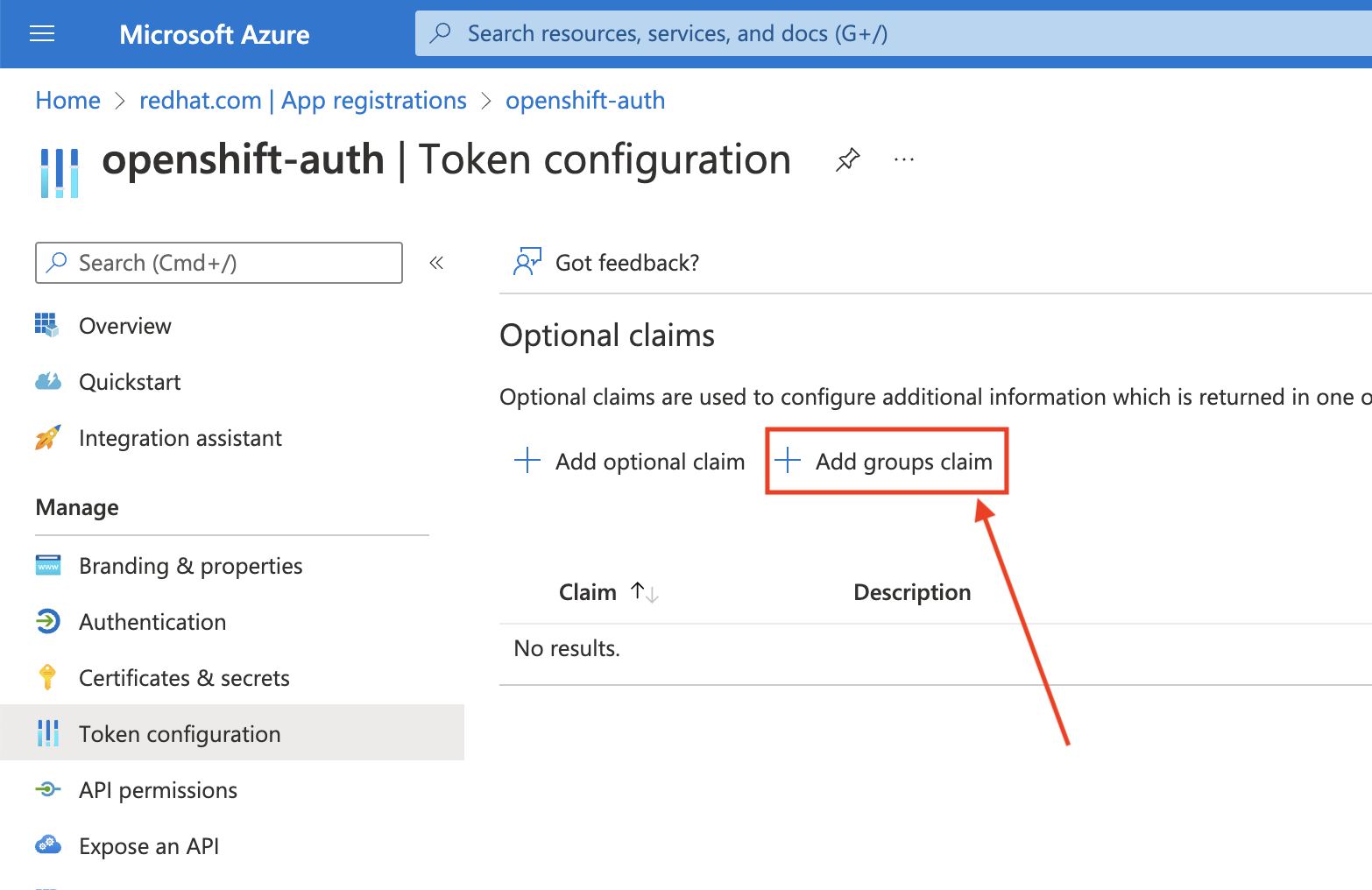 Azure Portal - Add Groups Claim Page