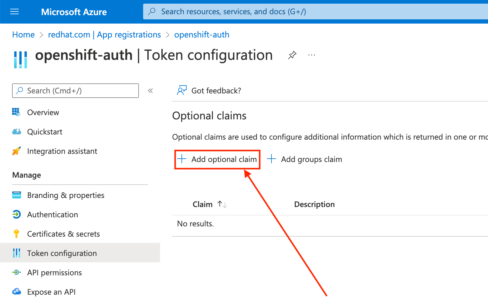 Azure Portal - Add Optional Claims Page