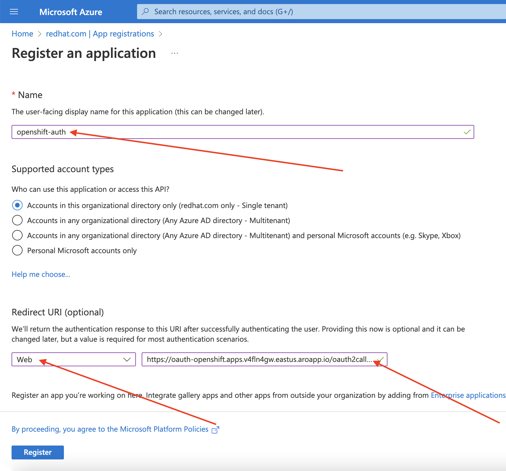 Azure Portal - Register an application page