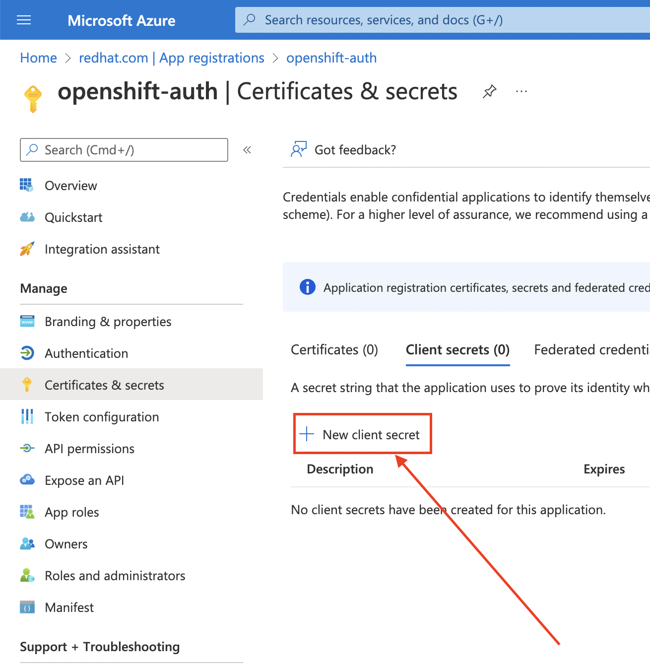 Azure Portal - Certificates and secrets page