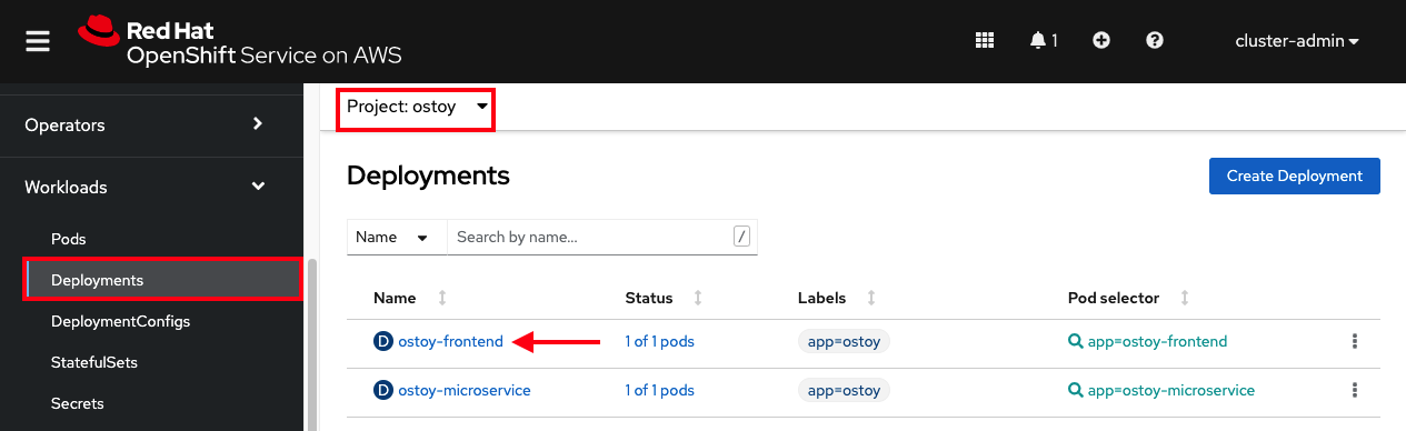 The web console deployments page