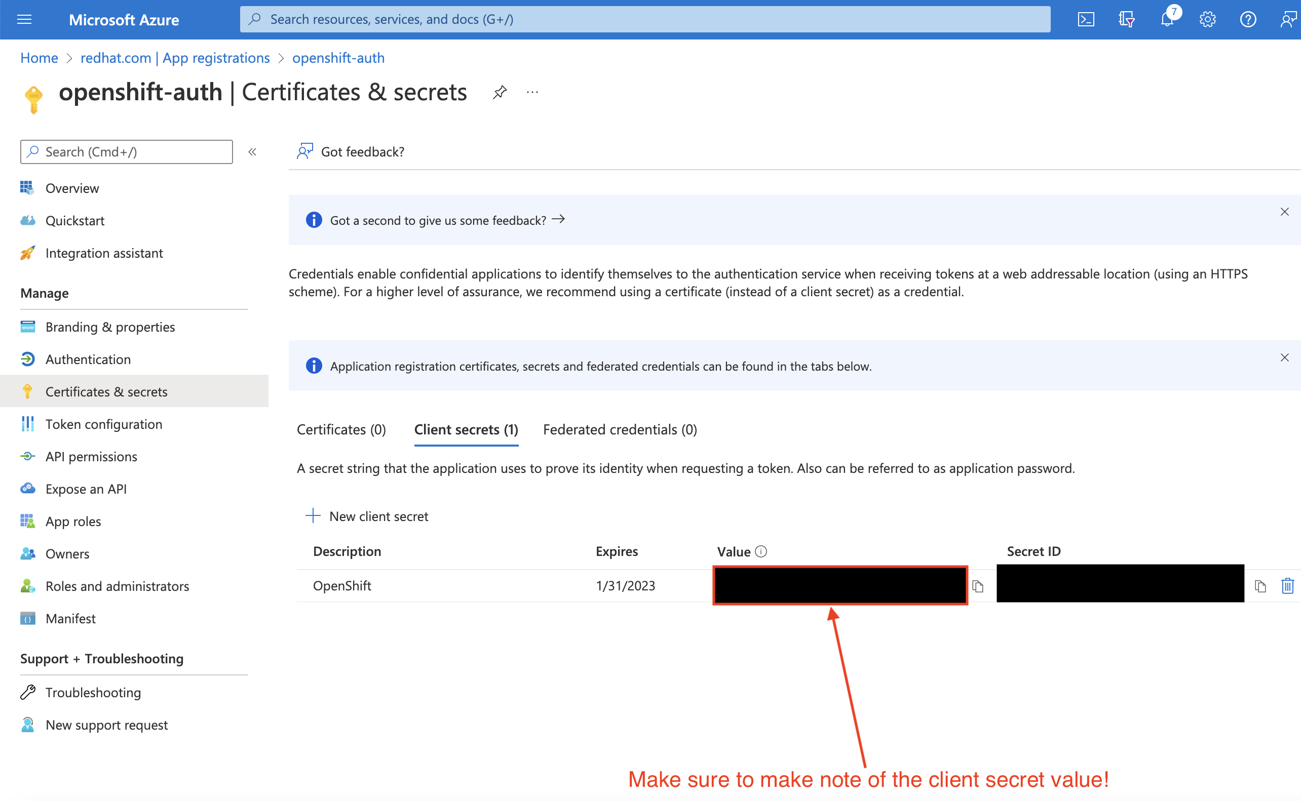 Azure Portal - Copy Client Secret page