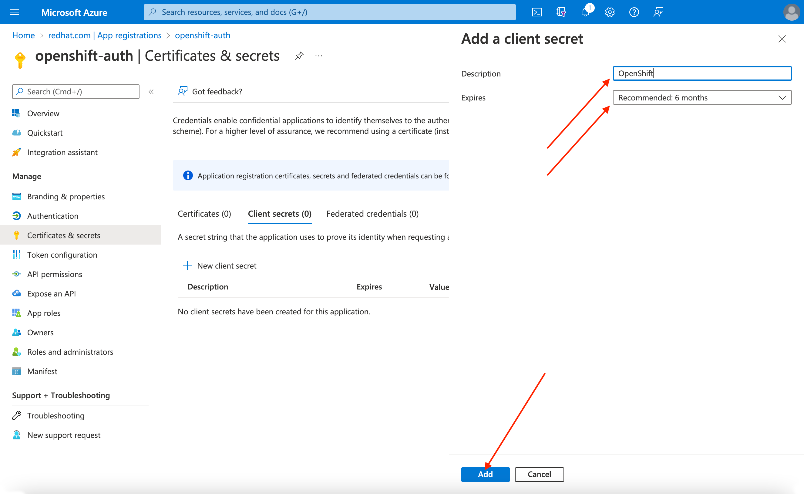 Azure Portal - Add a Client Secret page