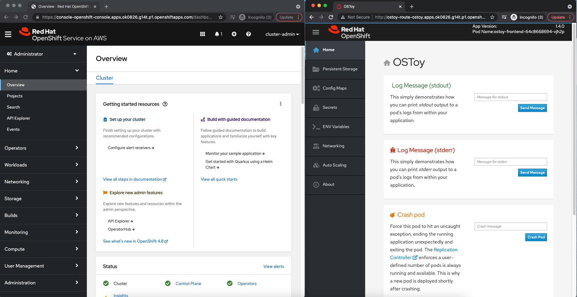 Splitscreen desktop with the OSToy application and the web console