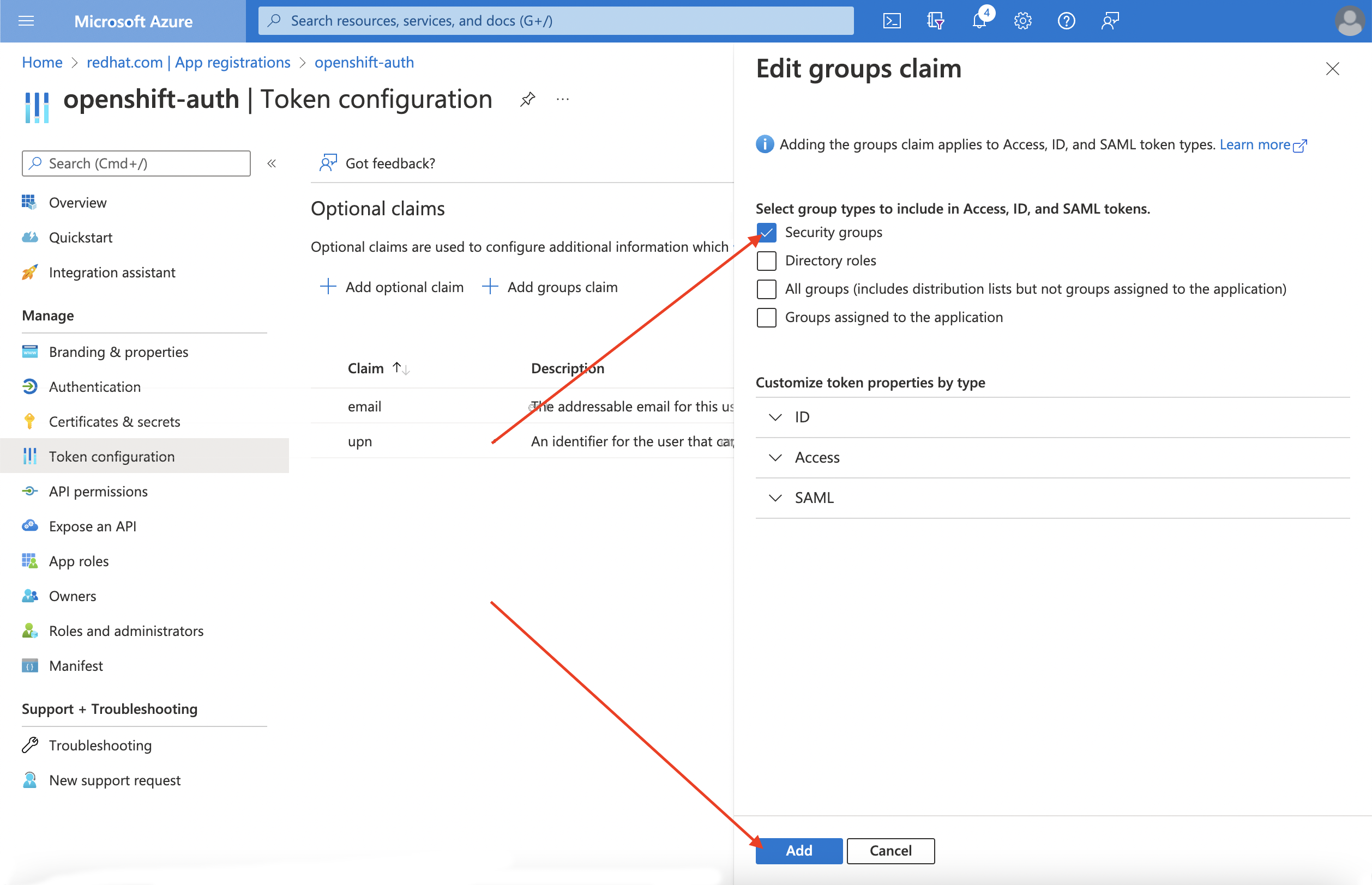 Azure Portal - Edit Groups Claim Page