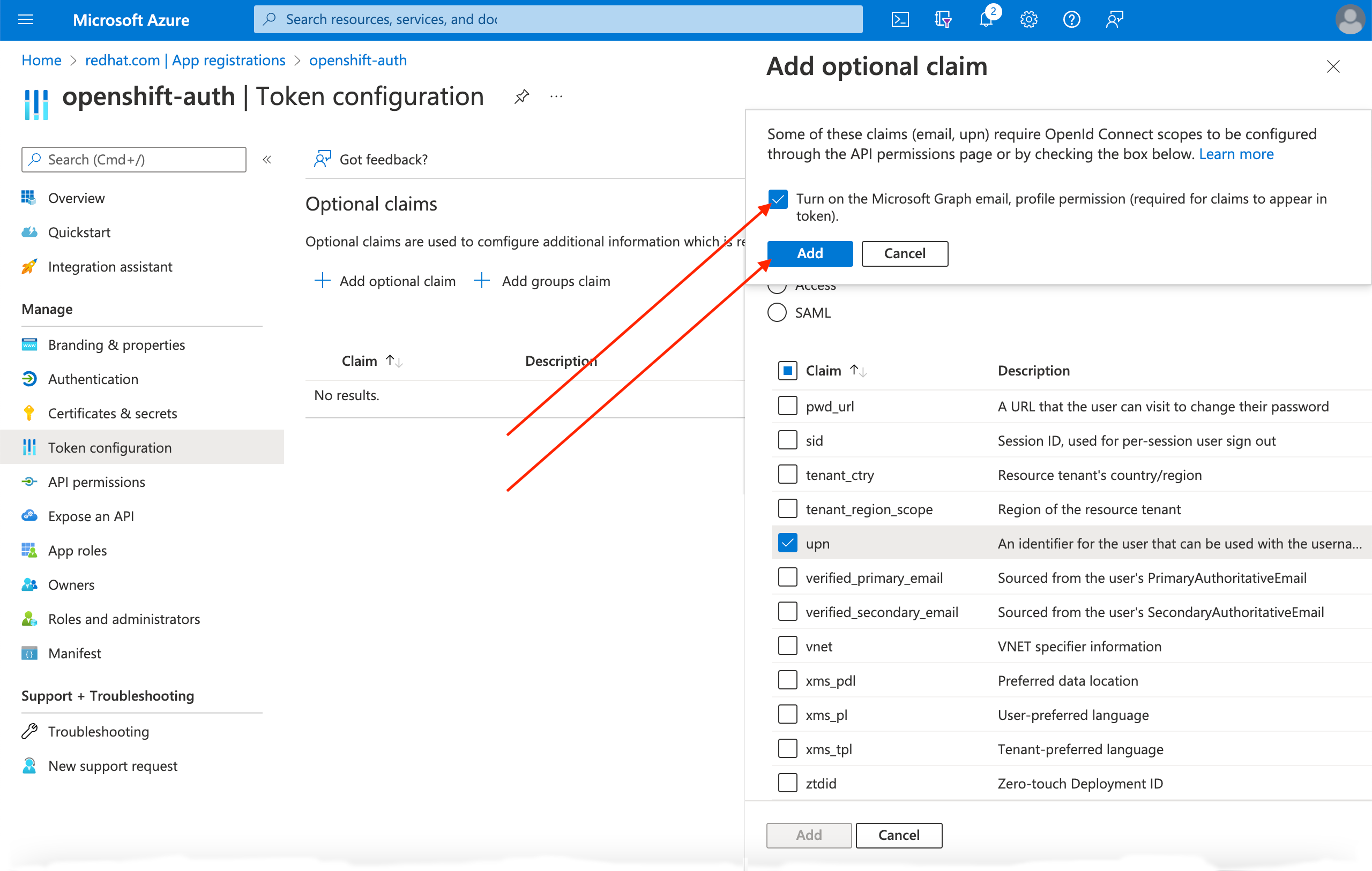 Azure Portal - Add Optional Claims - Graph Permissions Prompt