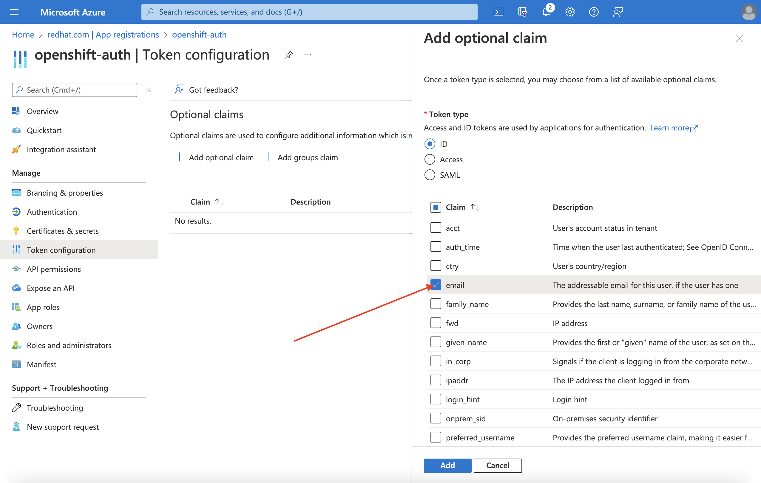 Azure Portal - Add Optional Claims - email