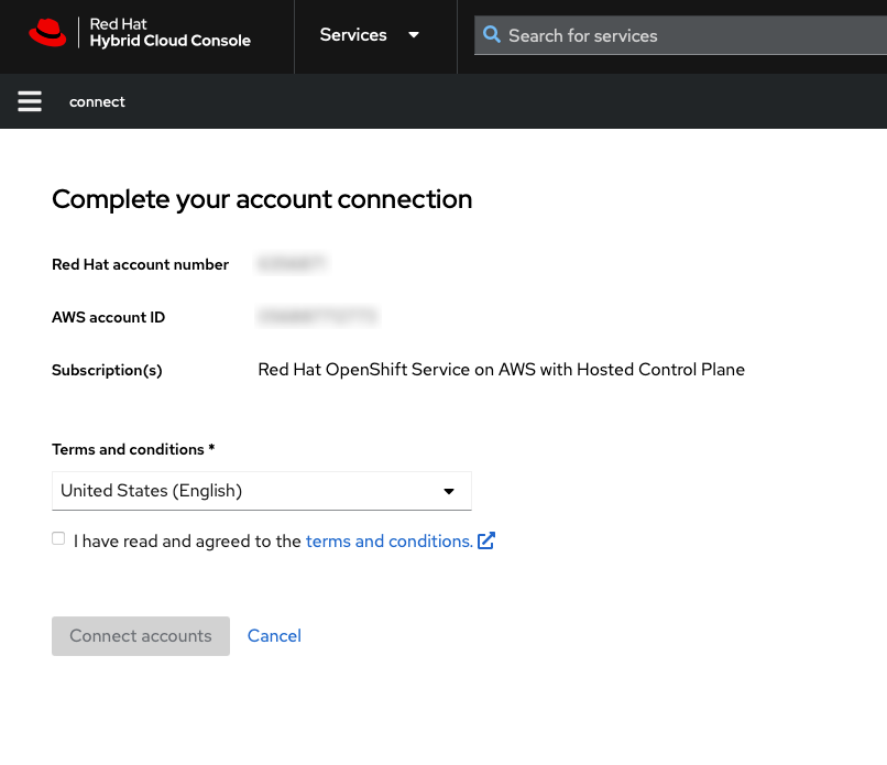 rosa aws and red hat accounts connection