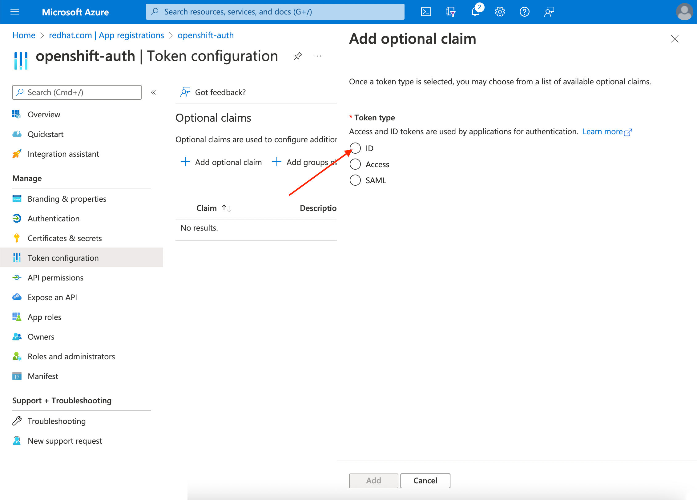 Azure Portal - Add Optional Claims - Token Type