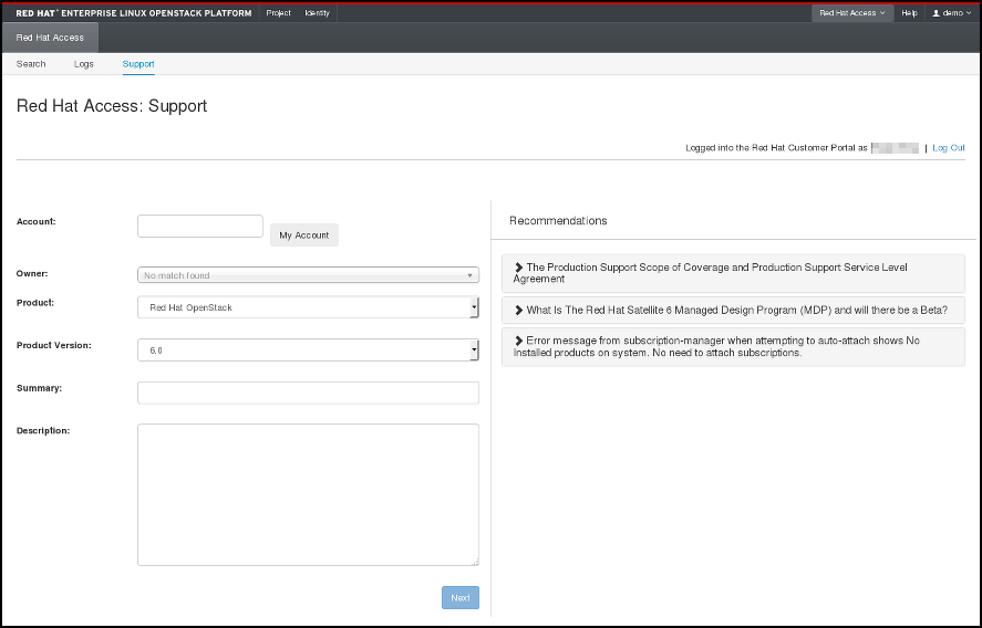 Red Hat Access Tab - new support case