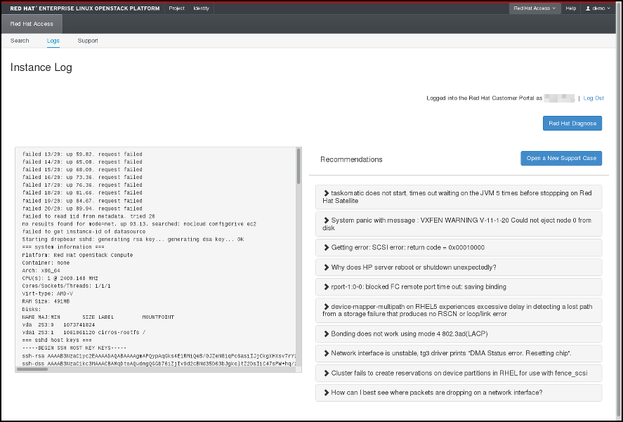 Red Hat Access Tab - instance log details