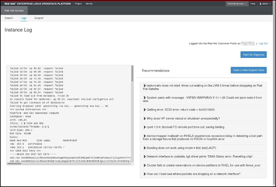 Red Hat Access タブ: インスタンスログの詳細