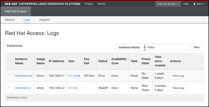 Red Hat Access Tab - instance logs