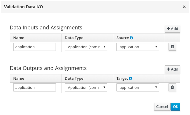 Screen capture of the Validation Data I/O assignments