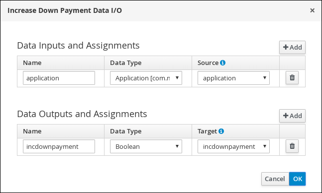 Screen capture of the Increase Down Payment Data I/O assignments