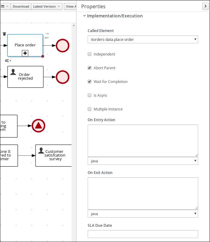 A screenshot of sub-process properties