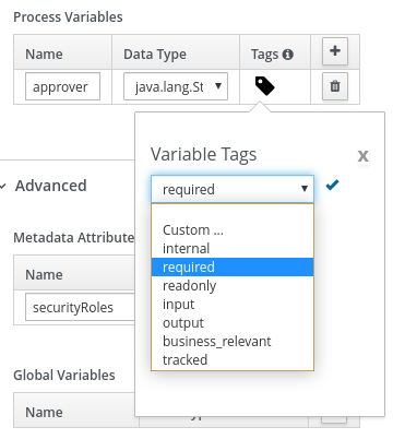 Image of variable tags in BPMN modeler