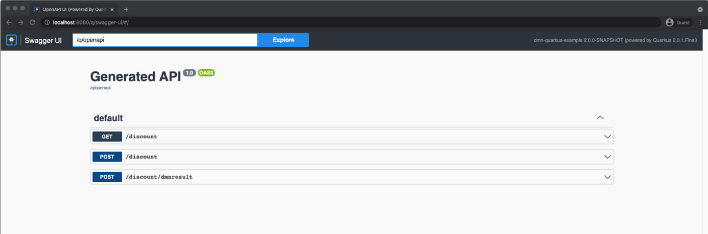 Example of a DMN model specific REST endpoint running on local Kogito application