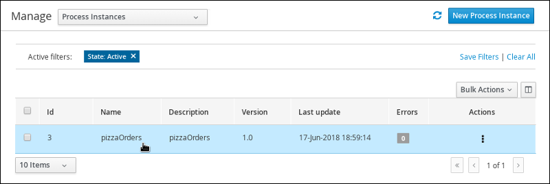 Viewing the process details in the Manage Process Instances view