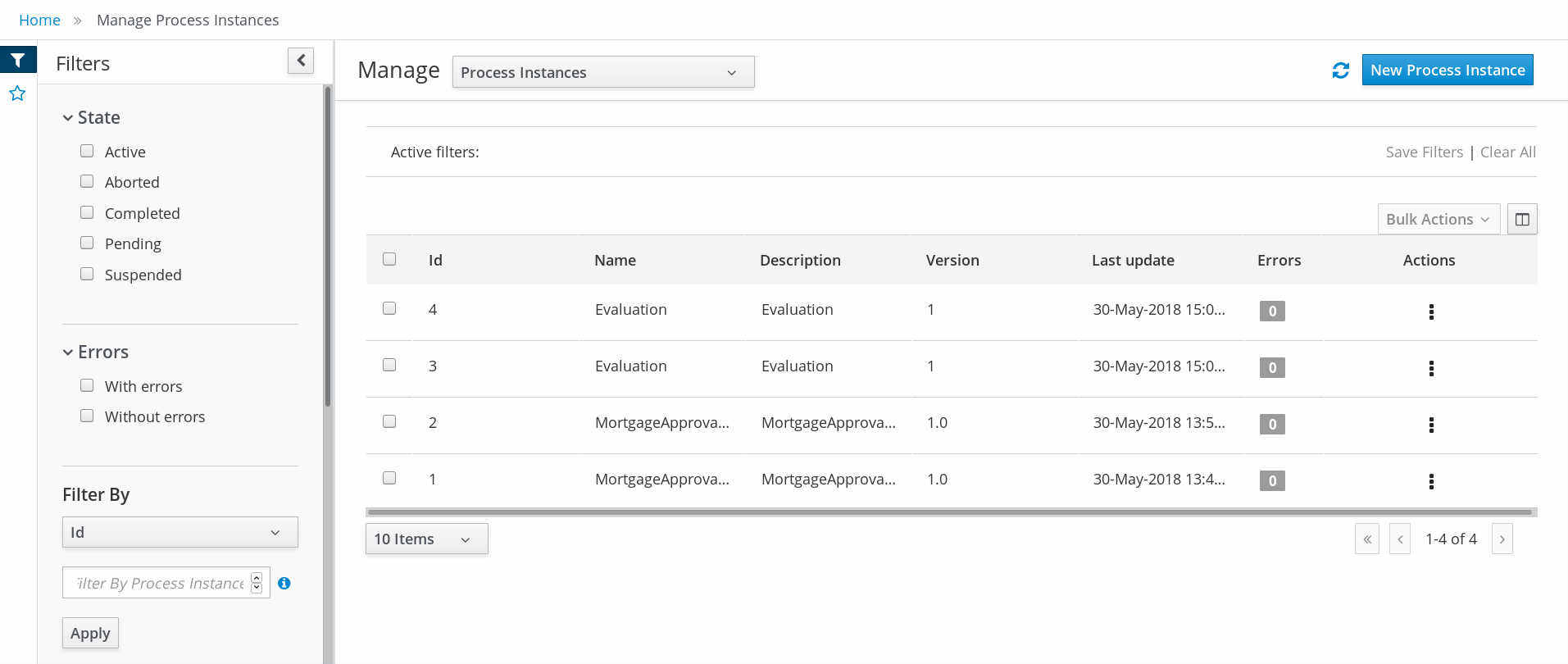 Features in the Manage Process Instances page