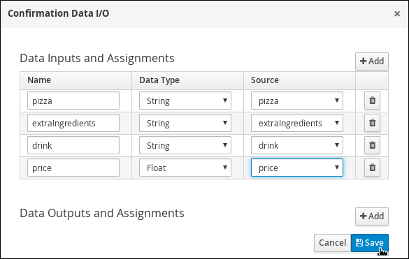 Input values in to the Confirmation Data input and output assignments window