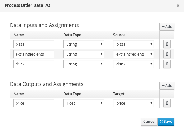 Input values in to the Process Order Data input and output assignments window