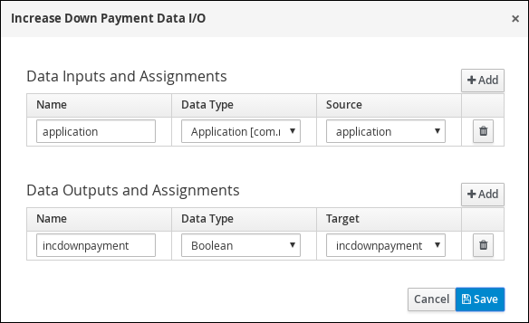 Screen capture of the Increase Down Payment Data I/O assignments