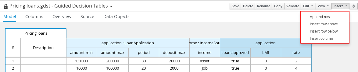 Add rows in the guided decision tables designer