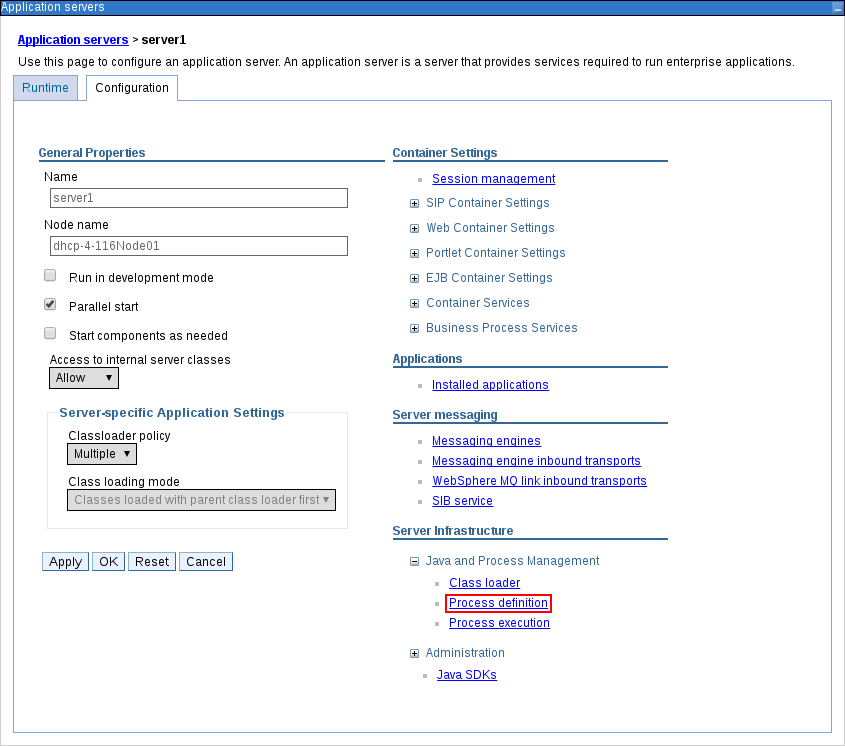 WebSphere configuration page