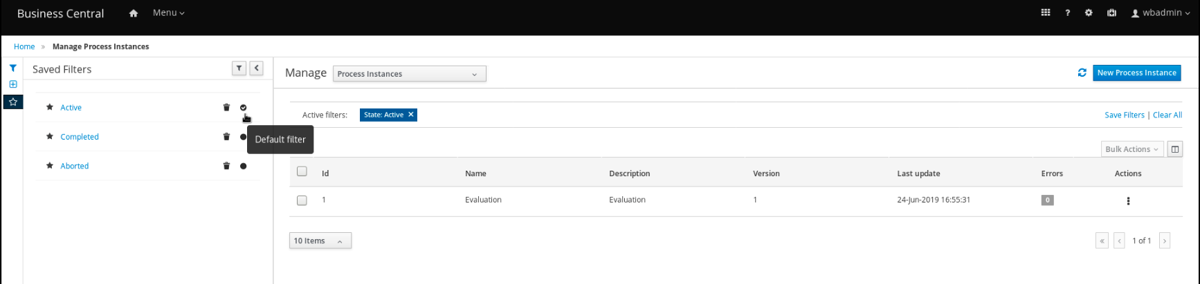 Default filter selection for Process Instances