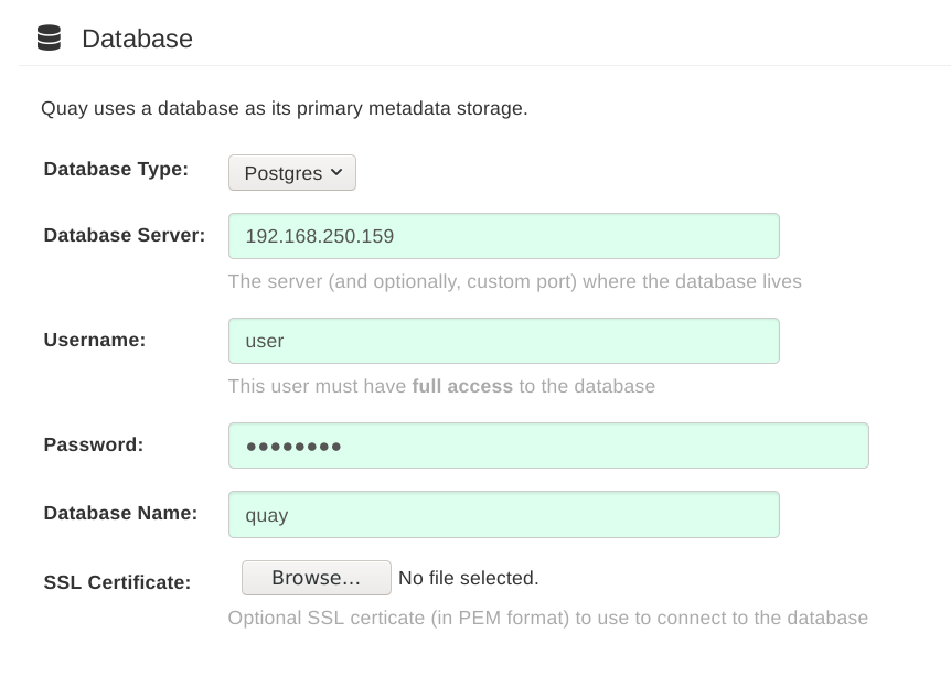 Identifying the database Red Hat Quay will use