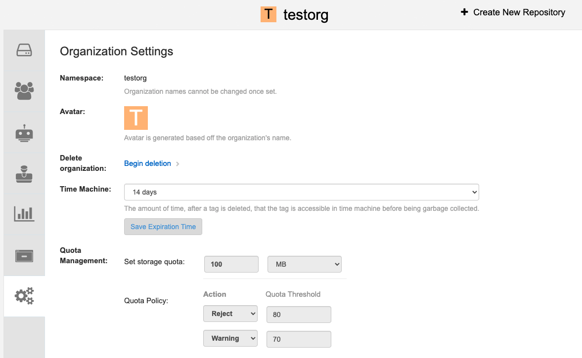 Quota policy in organization settings