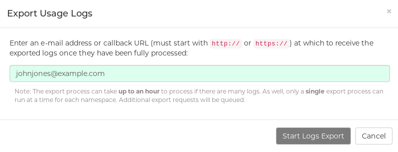 Enter email or callback URL to receive exported logs
