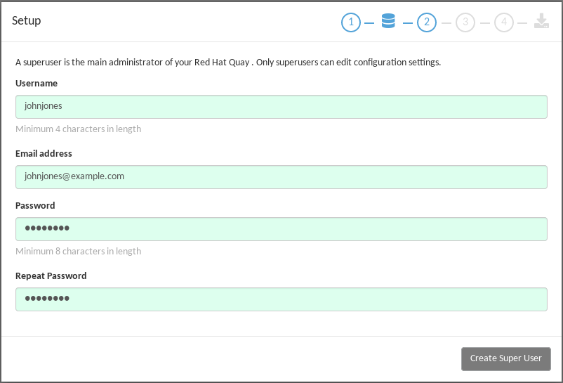 Set up a Quay superuser account to do Quay configuration