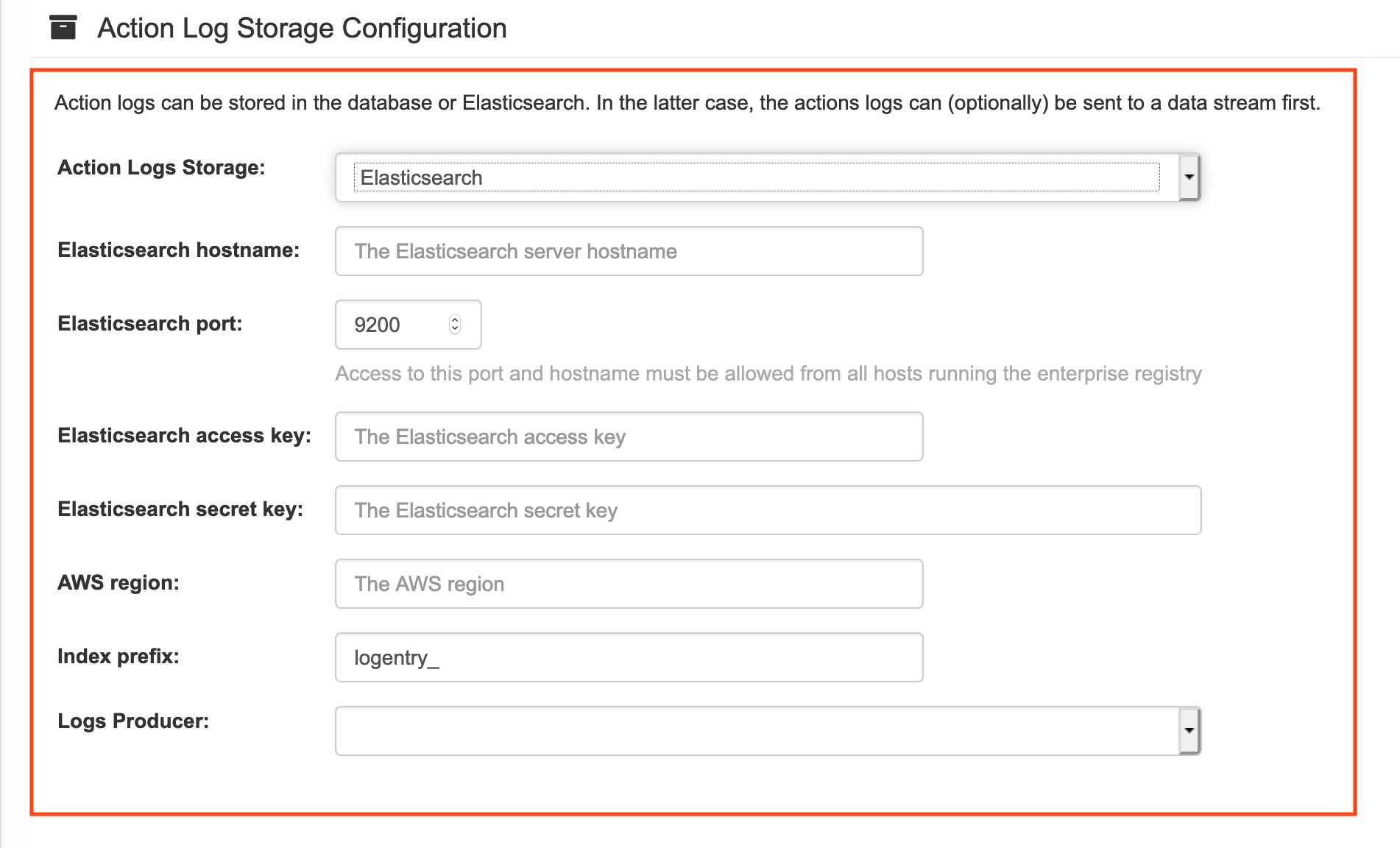 Choose Elasticsearch to view settings to store logs