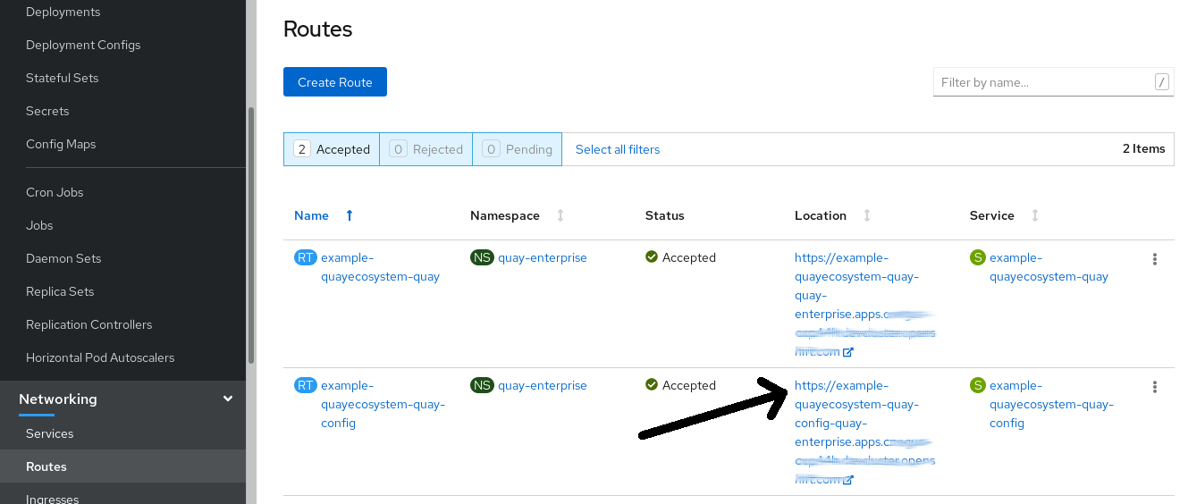 View the route to the Red Hat Quay Config Tool